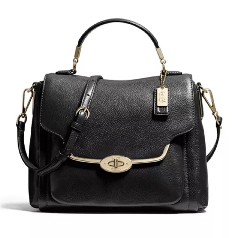 Coach Madison Small Sadie Leather Flap Satchel Bag Black Gold 26624 - Picture 1 of 9